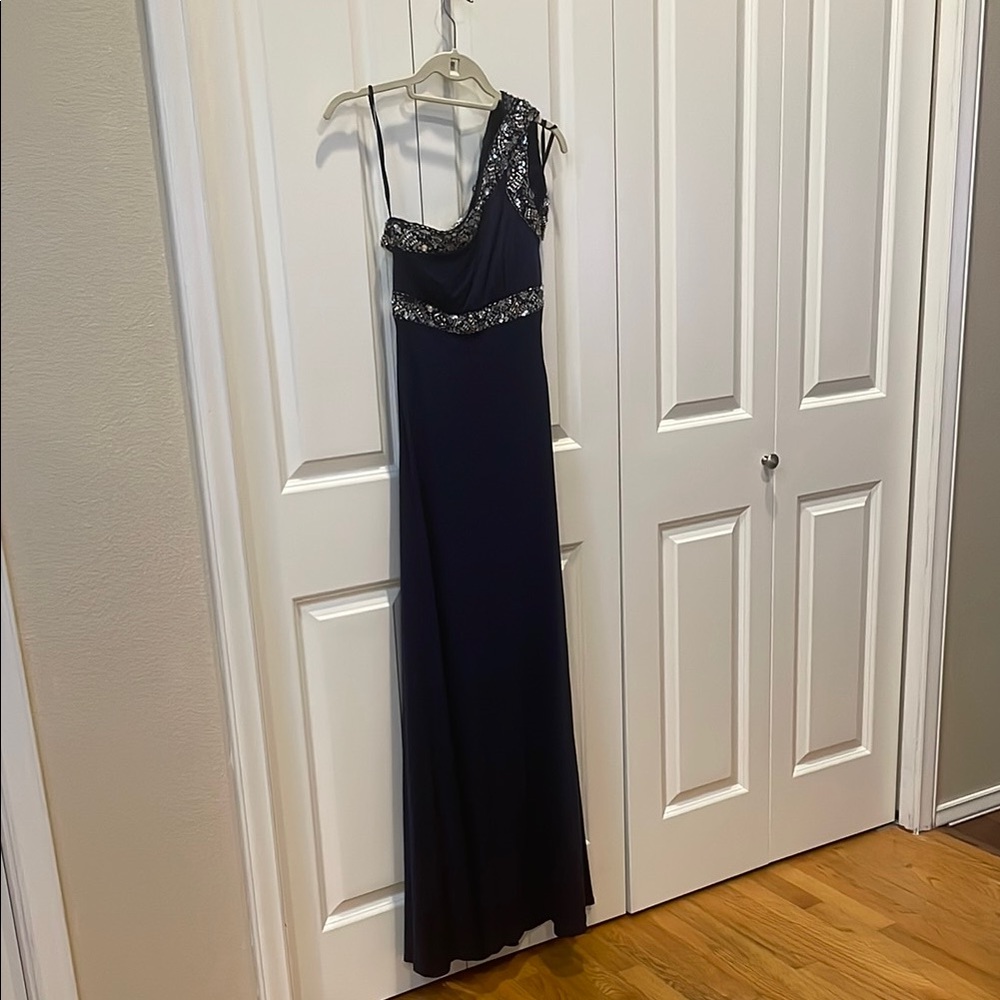 Blue Asymmetrical Embellished One-Shoulder Gown